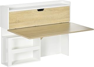 HOMCOM Bureau Pliable Mural avec étagères de Rangement et Placard, Bureau Rabattable, Table Murale Pliante, Gain de Place idéal pour Salon, Salle à Manger, Petit Espace, Effet Bois Naturel