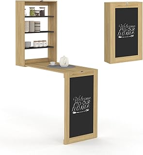 IDMarket - Table Murale Pliable MACCHIA avec étagères et Tableau Craie 2 Personnes Bois et Noir