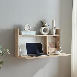  Bureau Mural Rabattable pour Ordinateur Portable Table Pliante avec Espace de Rangement Coiffeuse Panneau de Particules 48 x 83 x 48 cm Effet Chêne Blanc