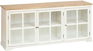 Atmosphera - Buffet Oblia 3 Portes Vitrées - Blanc Cérusé et Bois - 180 x 45 x 80 cm - pour Salon, Salle à Manger, Meuble de Rangement