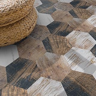 Funlife 20PCS Autocollant Hexagone Stickers Carrelage, Grain de bois brun parquet adhesif sol, Imperméable carrelage adhesif sol, Convient pour la cuisine, salle de Bains carreaux adhesif 20cmX23cm