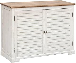 Atmosphera - Buffet Bas Olbia - Blanc Cérusé et Bois Naturel - 110 cm - 2 Portes en Acacia - pour Salon, Cuisine, Meuble de Rangement